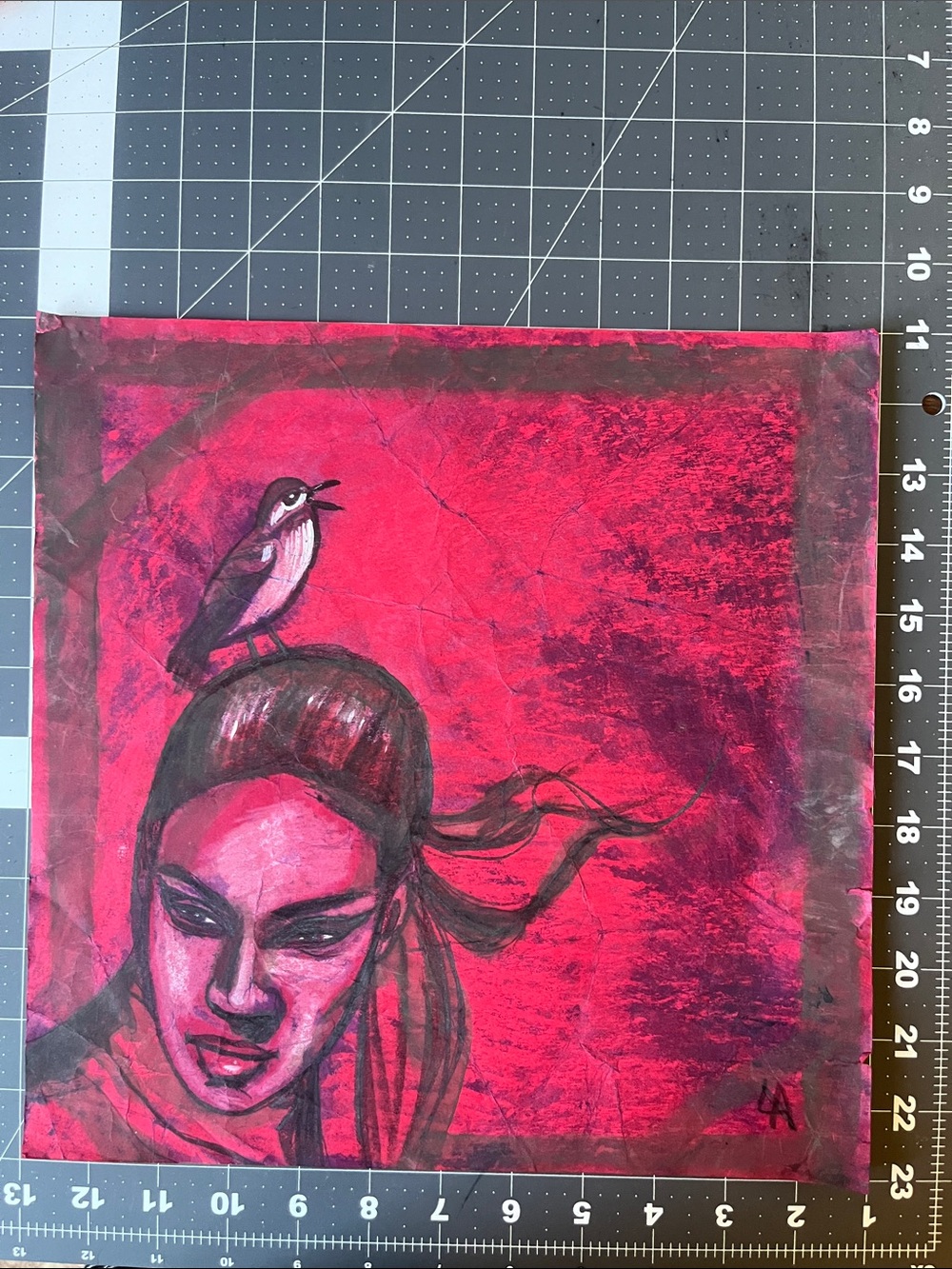 Handmade Pink Bird & Woman red original art sale